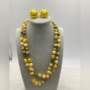 Vintage Cluster Yellow and Gold Beaded Necklace and Earring Set